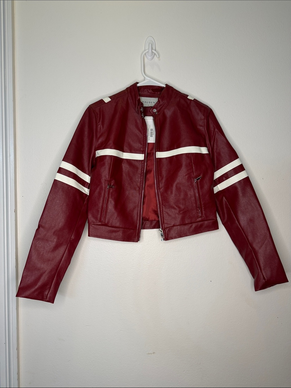 Hausen Maroon Faux Leather Moto Jacket with White Stripes